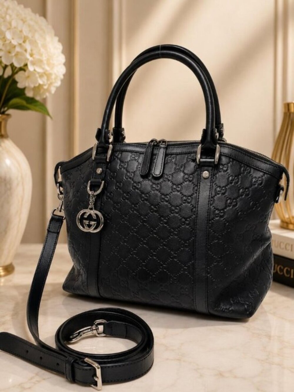 Authentic Gucci Guccissima Black Leather Satchel Shoulder Crossbody Bag